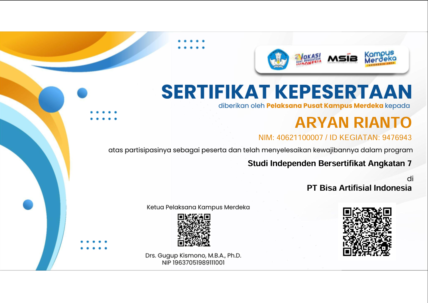 Certificate BISA AI MSIB Escaped